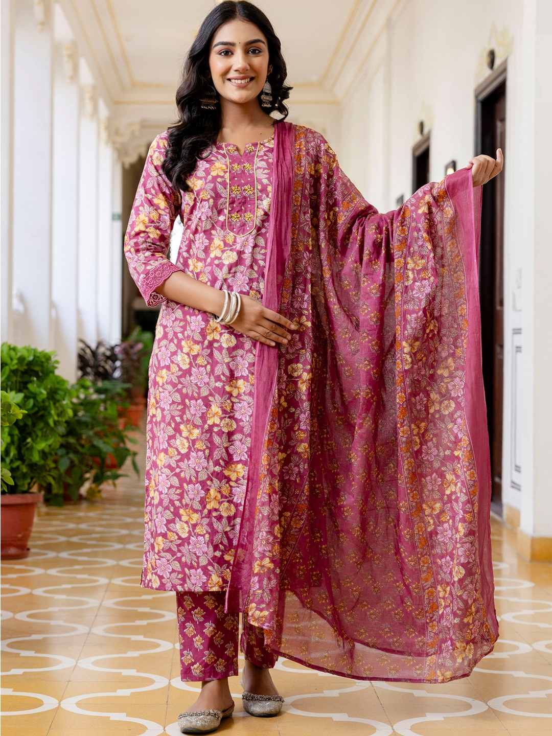 

Kohsh Floral Printed Beads And Stones Pure Cotton Straight Kurta With Trouser And Dupatta, Pink