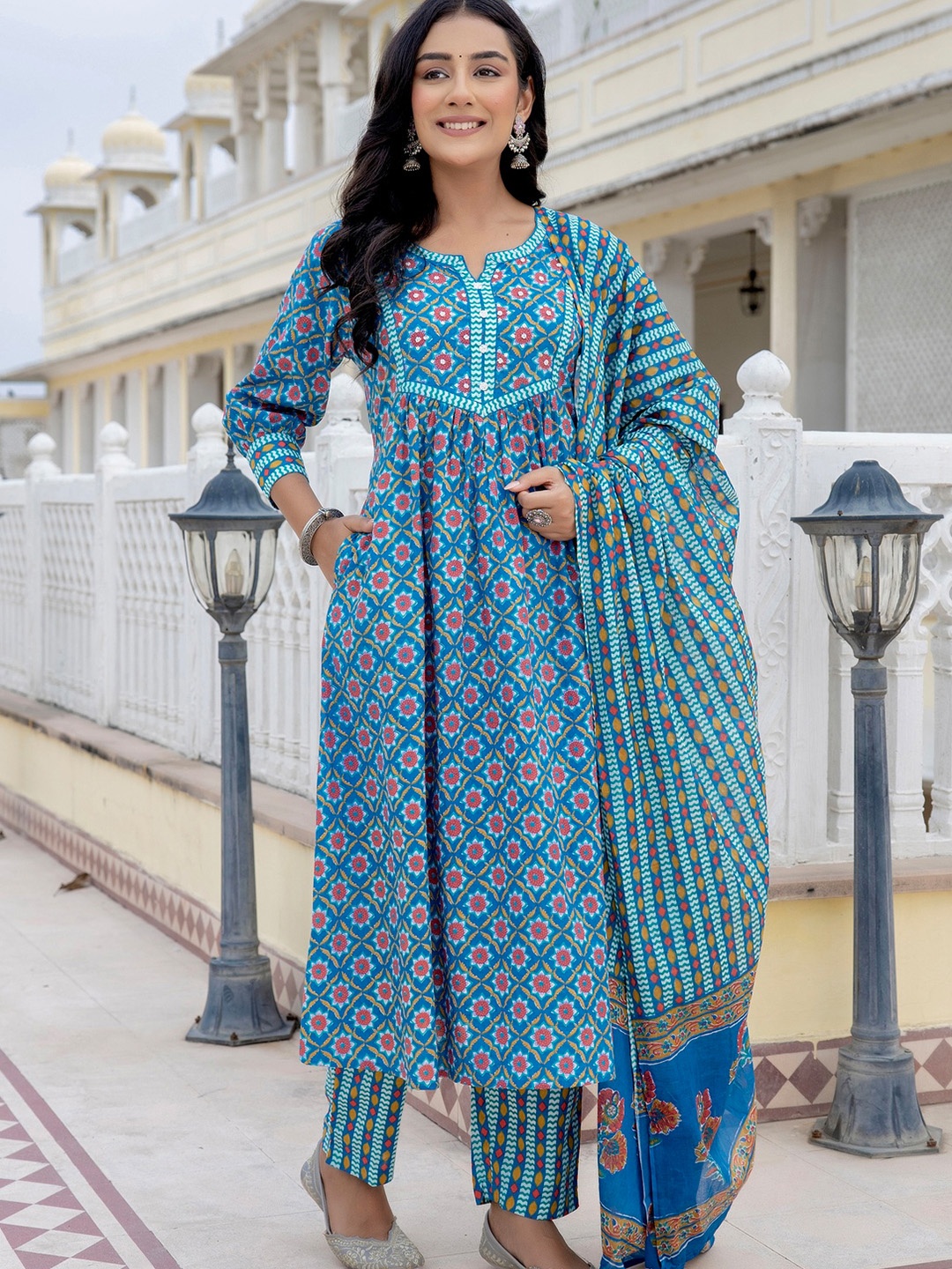 

Kohsh Floral Printed Notch Neck Pure Cotton Kurta with Trousers & Dupatta, Blue