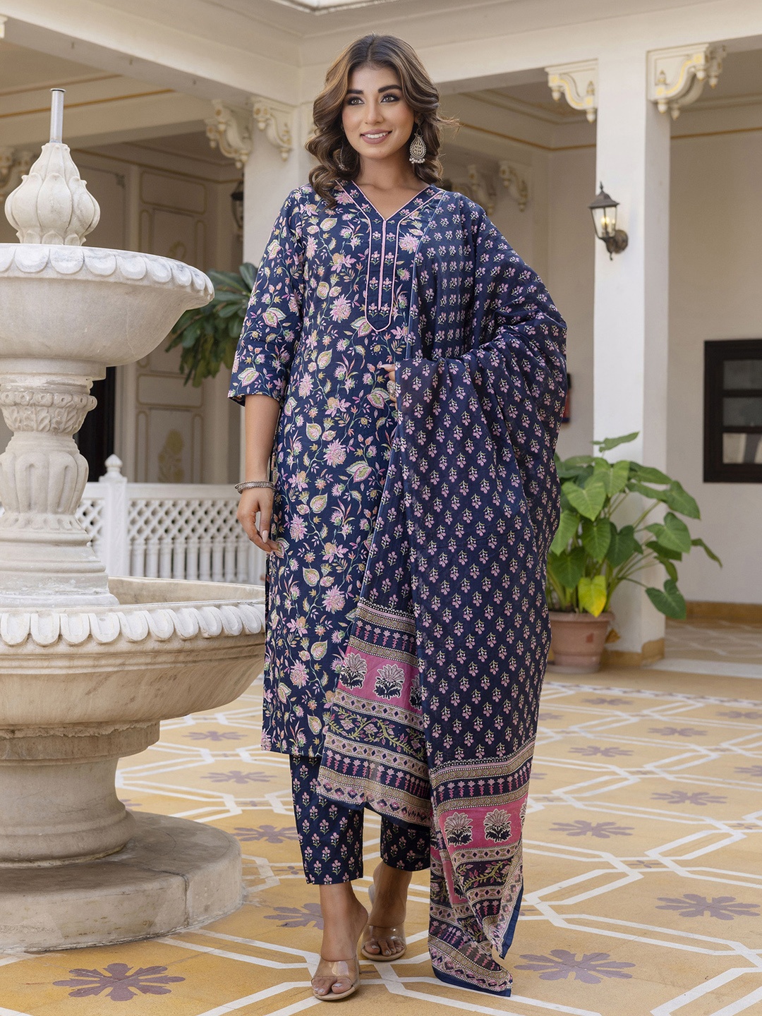 

Kohsh Floral Printed V Neck Stones & Beads Work Pure Cotton Kurta with Palazzo & Dupatta, Blue