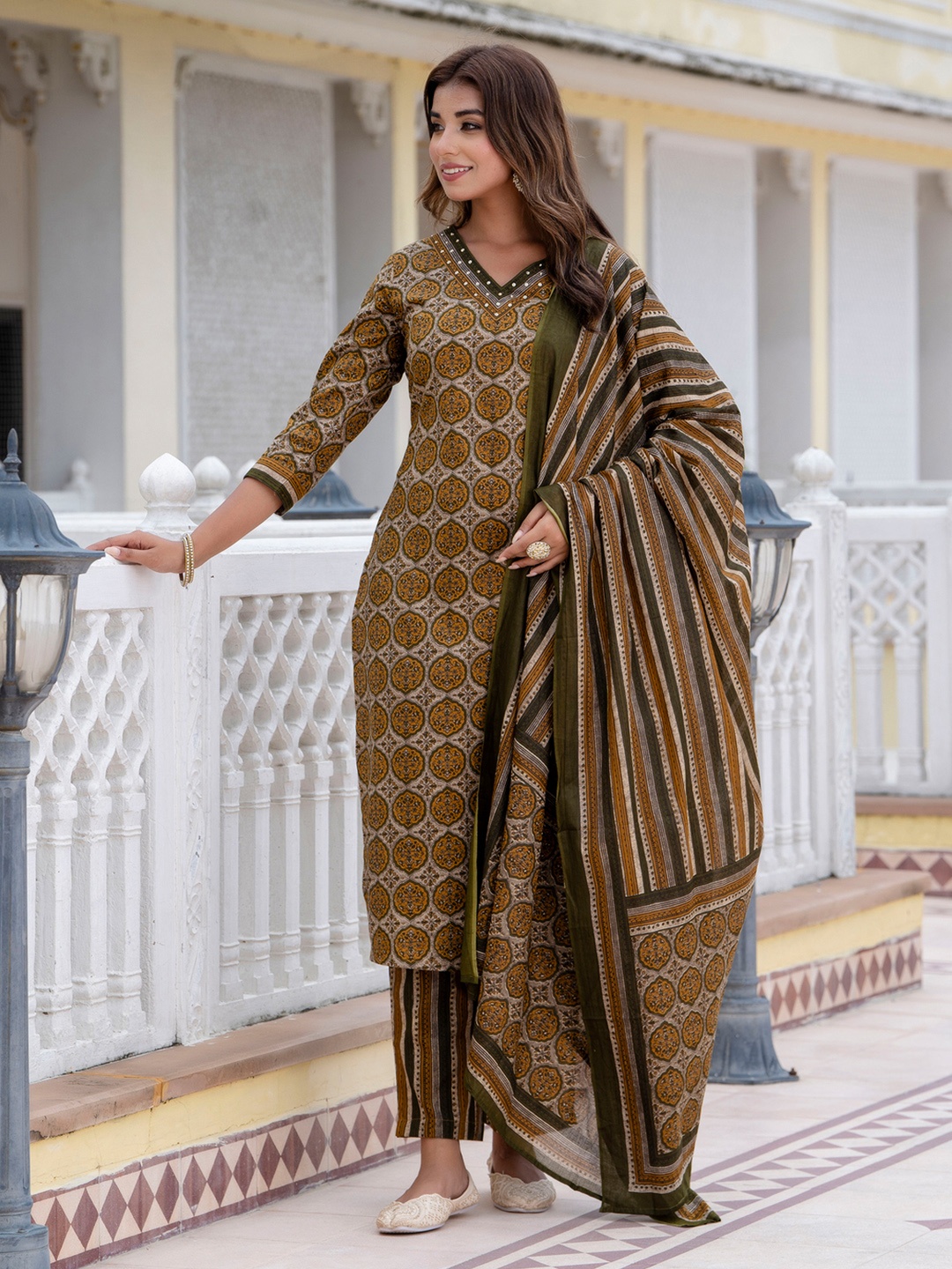 

Kohsh Ethnic Motifs Printed Beads And Stones Pure Cotton Kurta With Trouser And Dupatta, Green