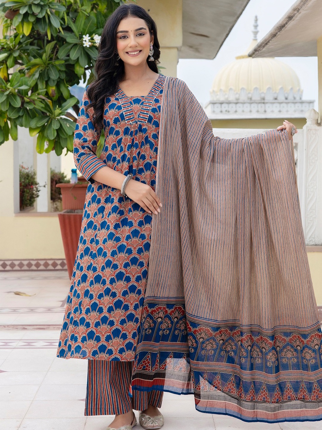 

Kohsh Floral Printed V Neck Stones & Beads Work Pure Cotton Kurta with Palazzo & Dupatta, Blue