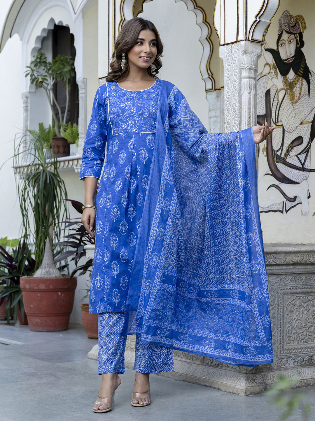 

Kohsh Floral Printed Beads And Stones Pure Cotton Straight Kurta With Trouser And Dupatta, Blue
