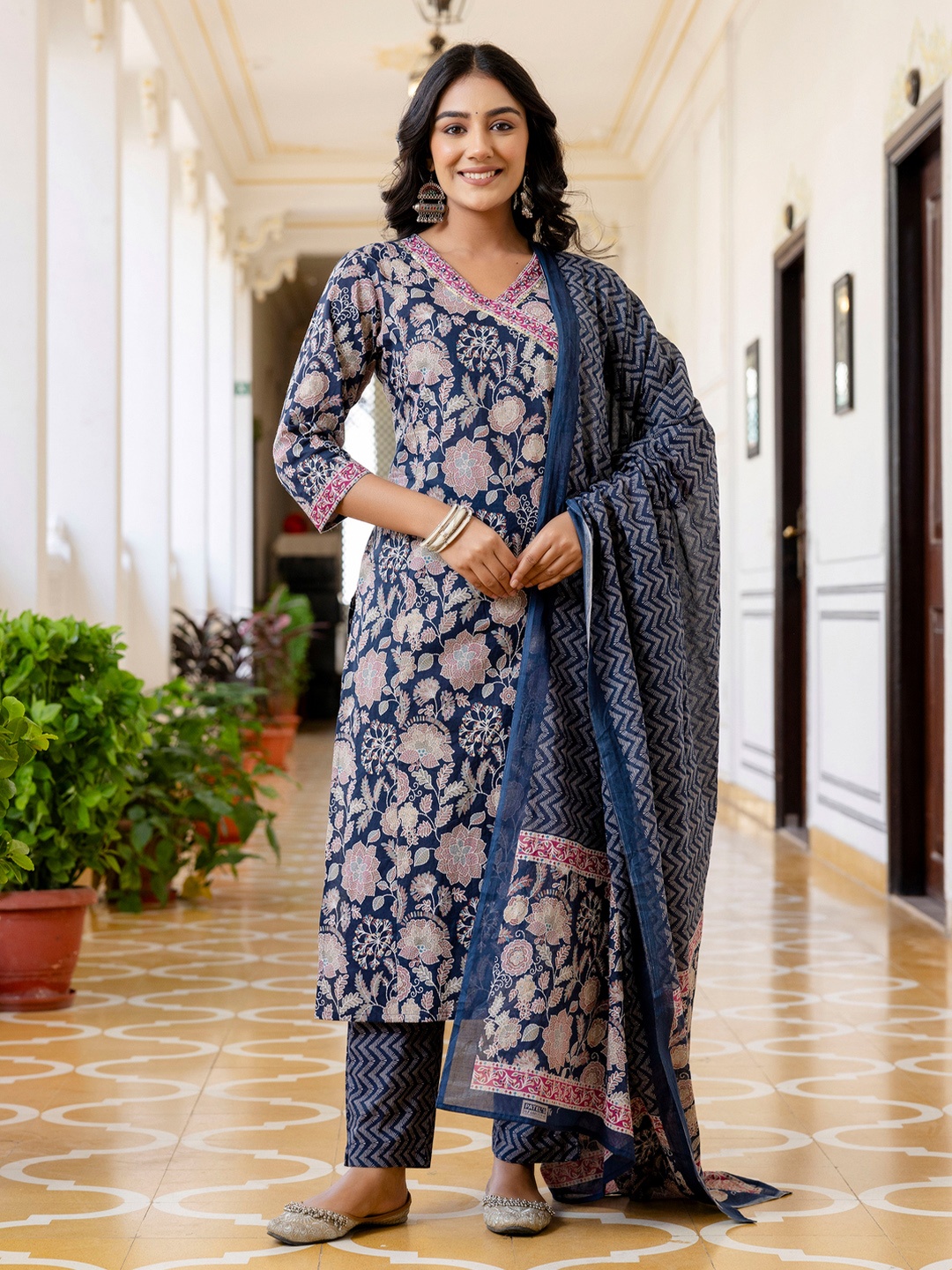 

Kohsh Floral Printed V Neck Stones & Beads Work Pure Cotton Kurta with Trousers & Dupatta, Blue