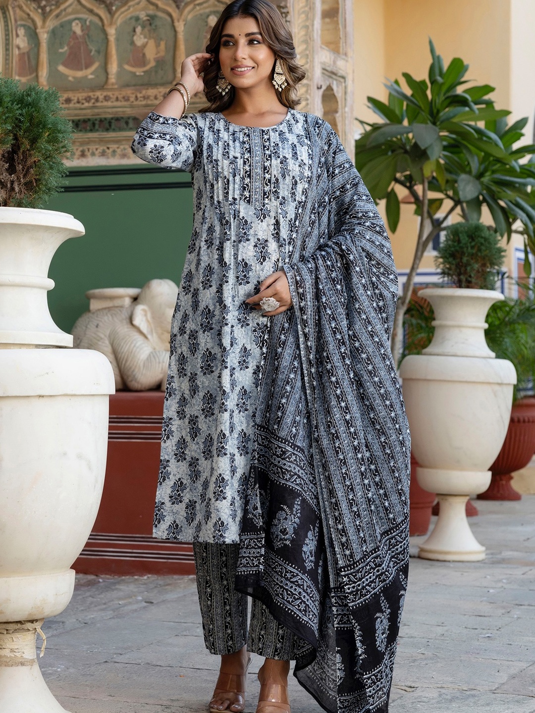 

Kohsh Floral Printed Beads And Stones Pure Cotton Kurta With Trouser And Dupatta, Grey