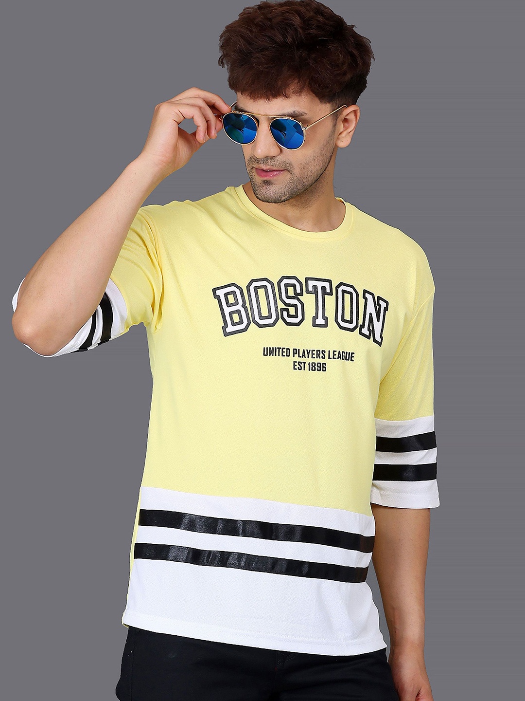 

WOXEN Men Typography Printed Round Neck Relaxed Fit T-shirt, Yellow