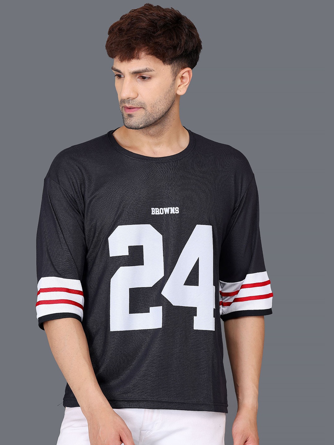

WOXEN Men Varsity Printed Round Neck Relaxed Fit T-shirt, Black