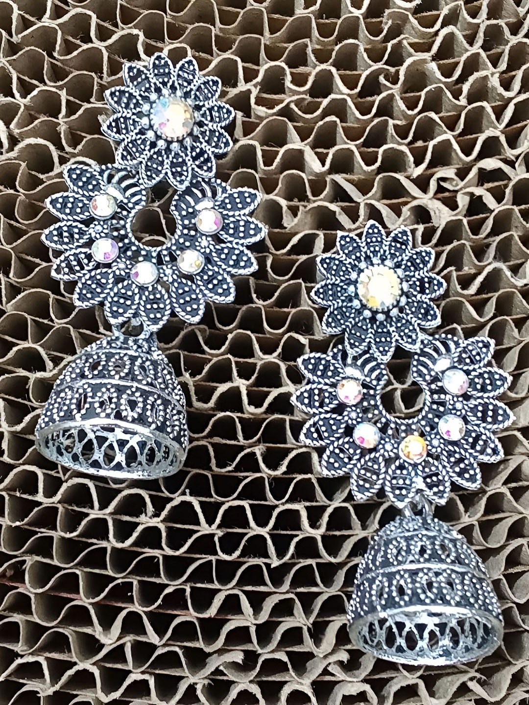 

JMBW INTERNATIONAL Artificial Stones Studded Dome Shaped Oxidised Jhumkas, Silver