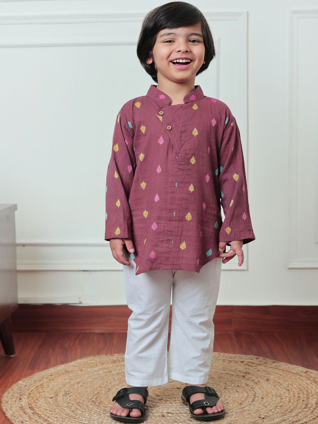 

Polka Tots Boys Floral Embroidered Mandarin Collar Pure Cotton Straight Kurta With Trouser, Brown