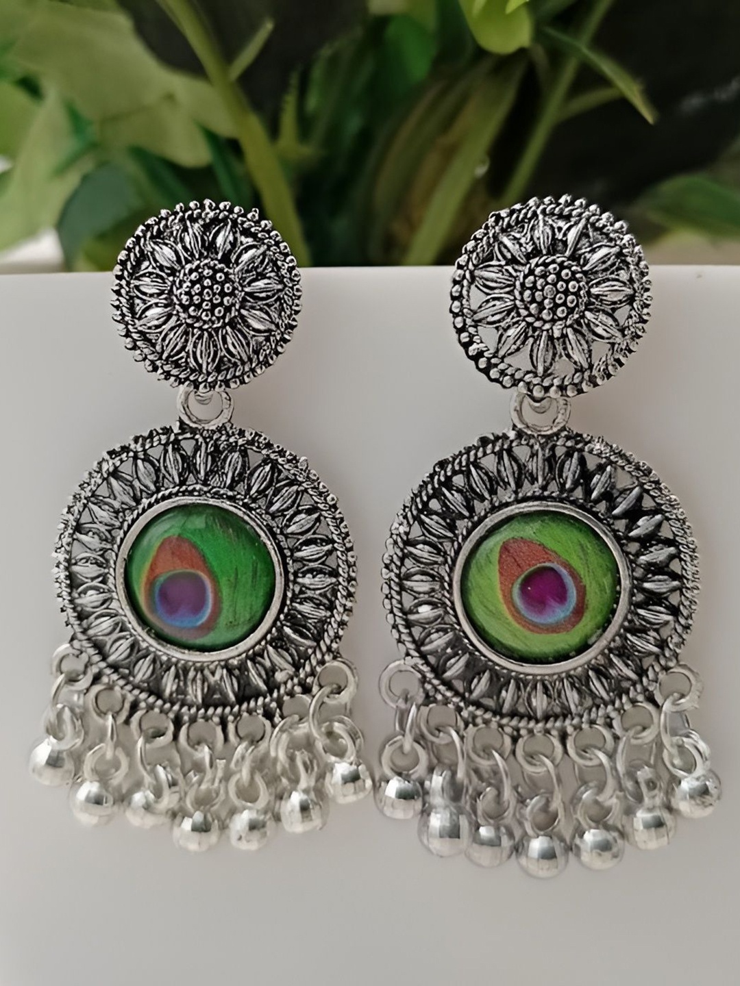 

JMBW INTERNATIONAL Artificial Beads Beaded Circular Shaped Oxidised Drop Earrings, Silver