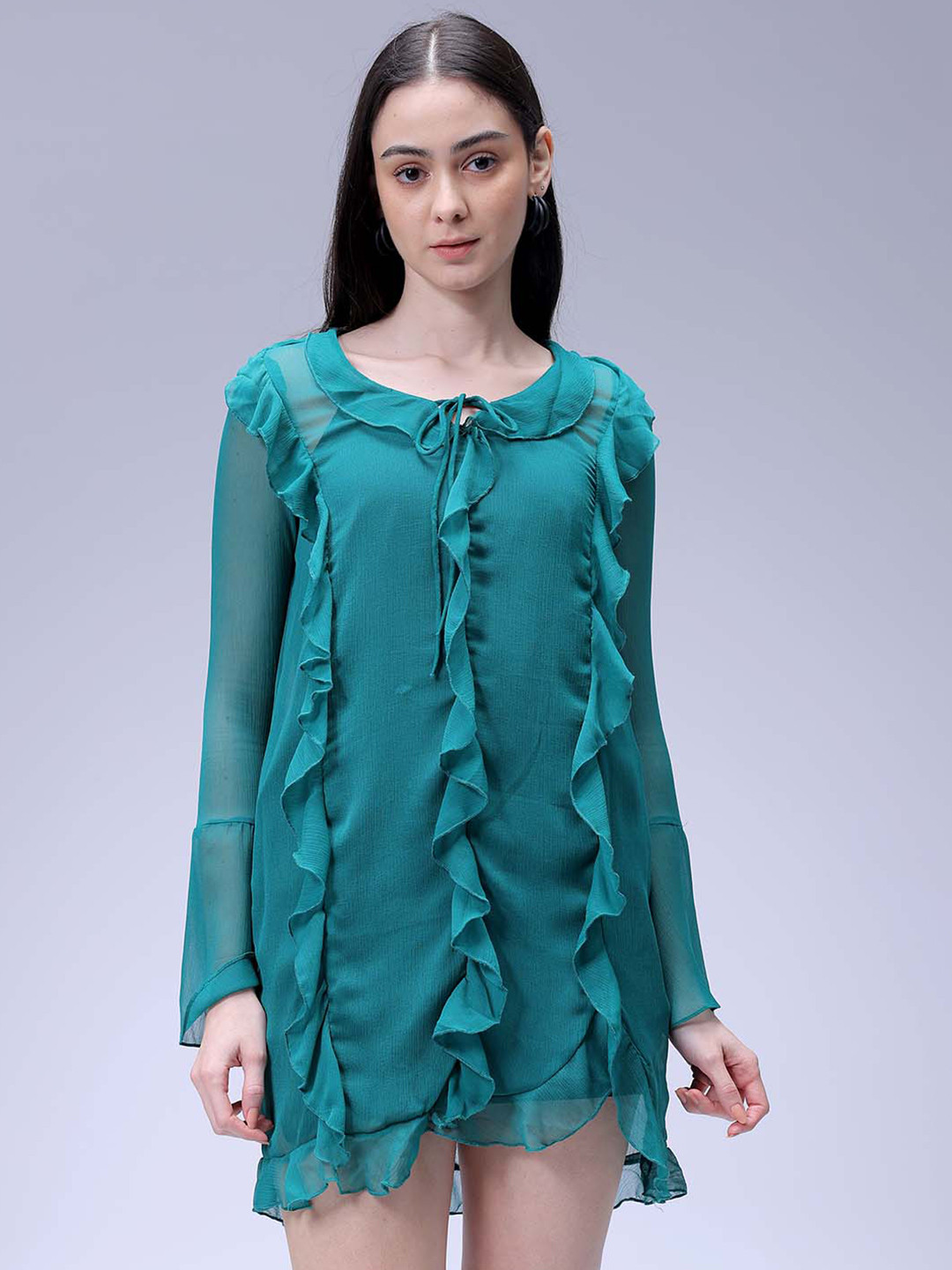 

Freehand by The Indian Garage Co. Women Bell Sleeves A-Line Mini Dress, Green