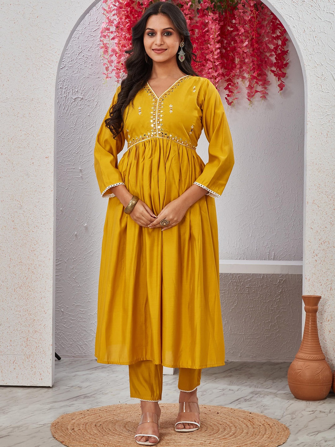 

ZIRVI Embroidered Mirror Work Empire Pleated Kurta with Trousers, Yellow