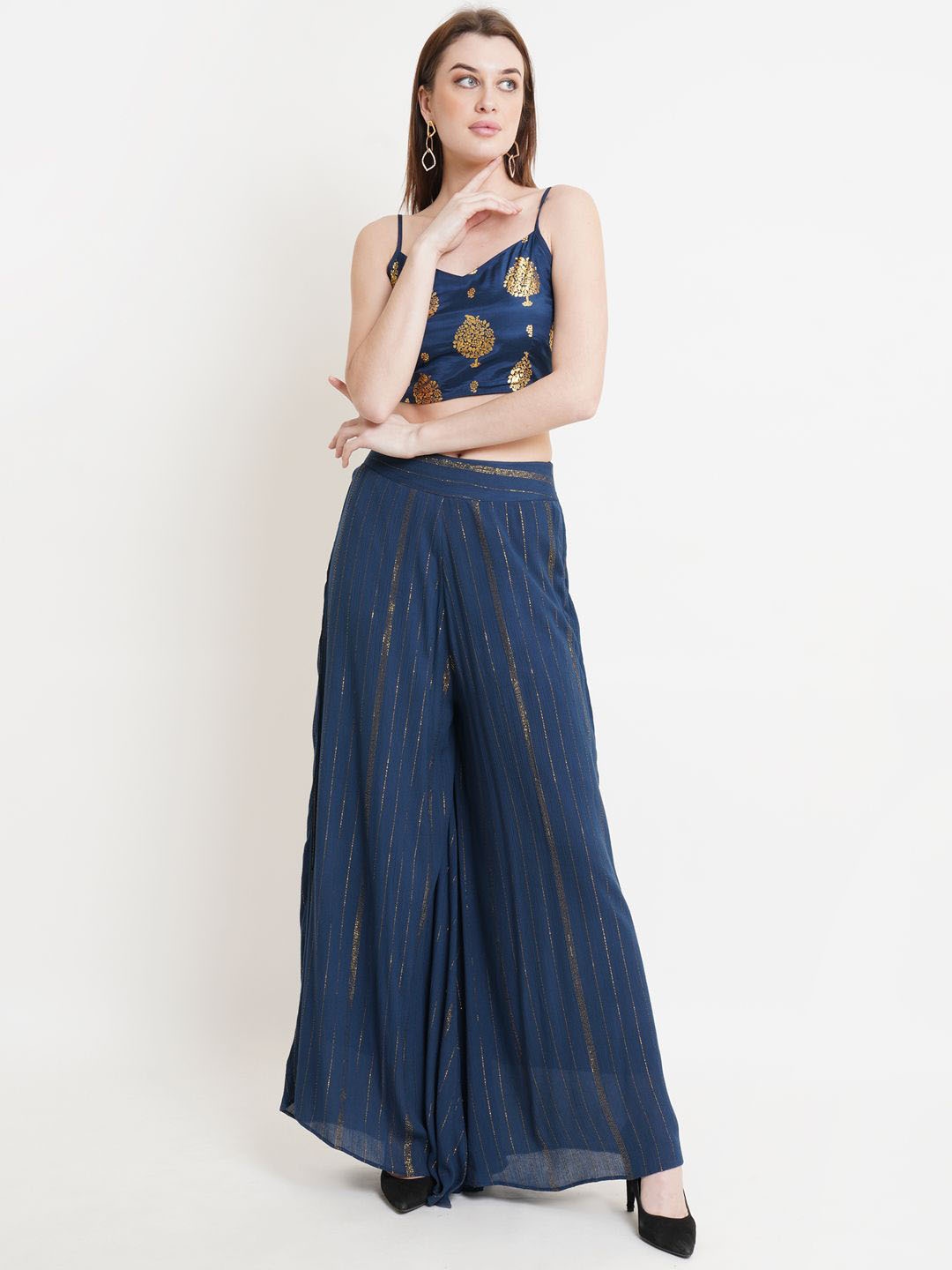 

WESTCLO Floral Printed Shoulder Straps Pure Cotton Top With Palazzos, Navy blue
