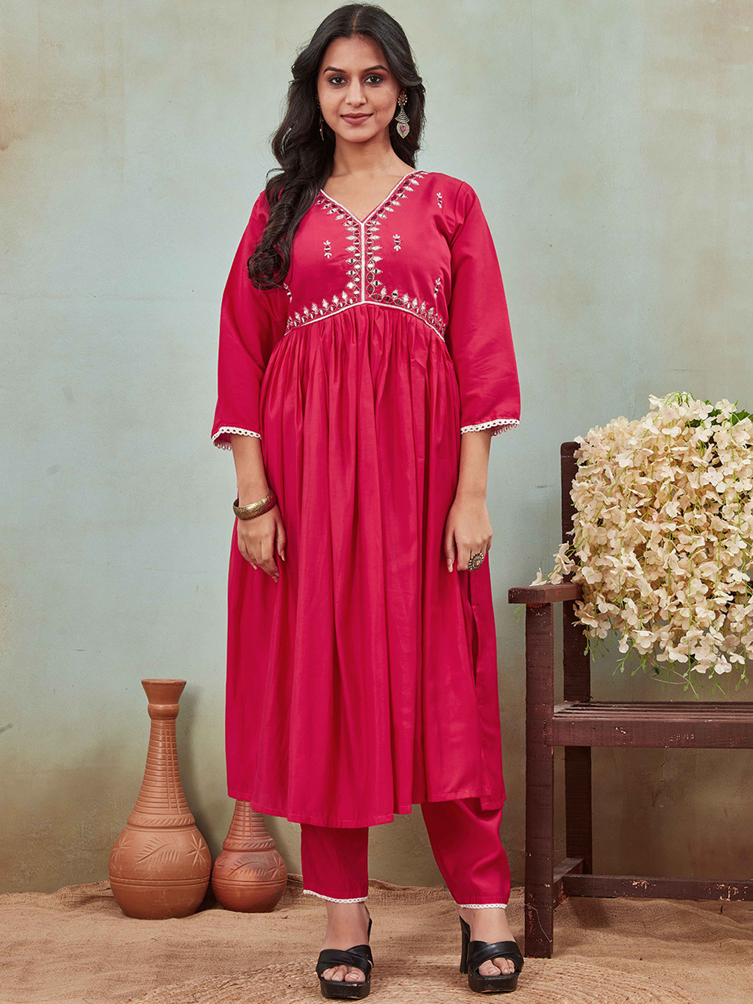 

ZIRVI Embroidered Mirror Work Pleated Empire Kurta with Trousers, Red