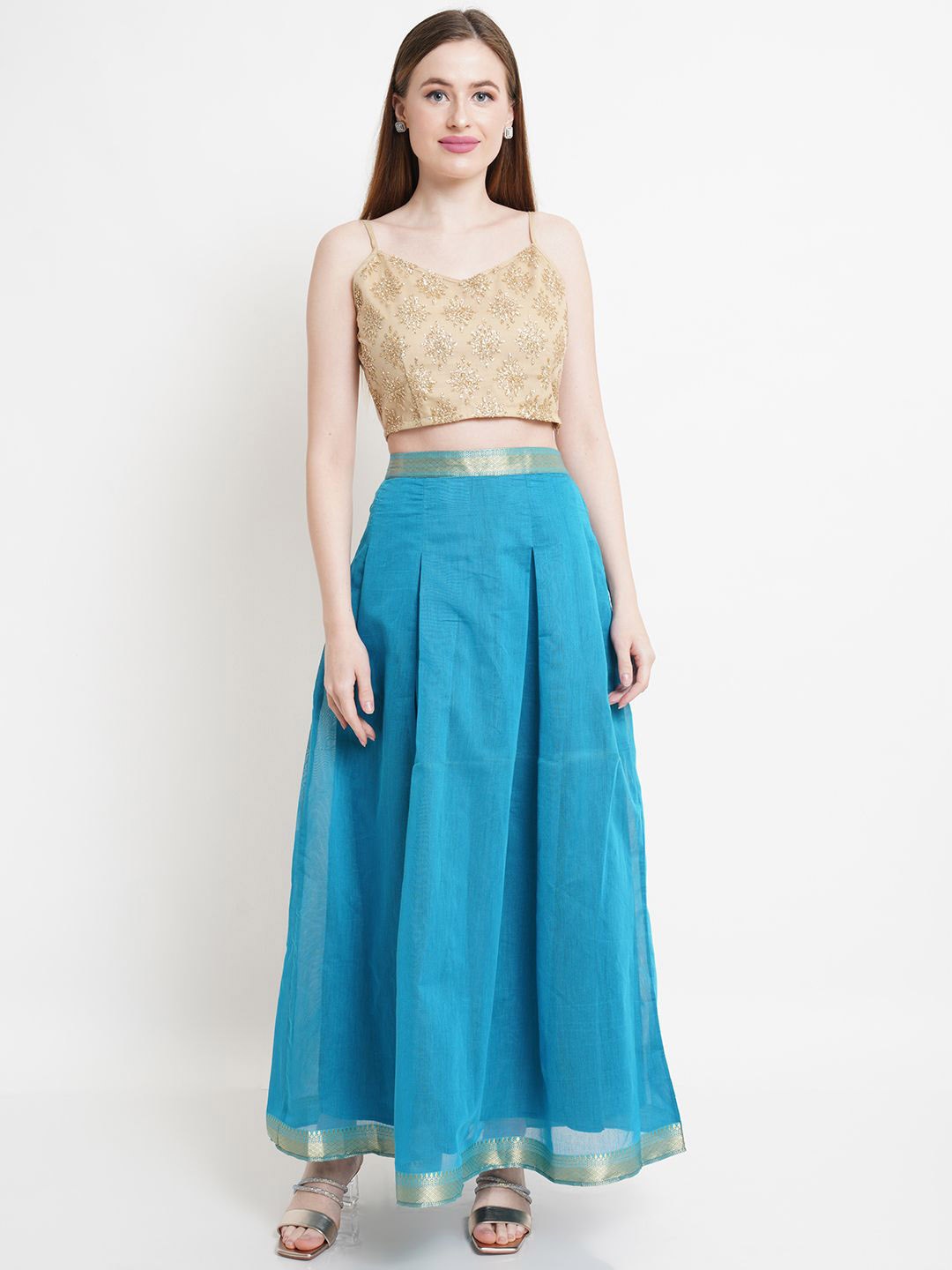 

WESTCLO Ethnic Motifs Embellished Shoulder Straps Crop Top With Skirt, Blue