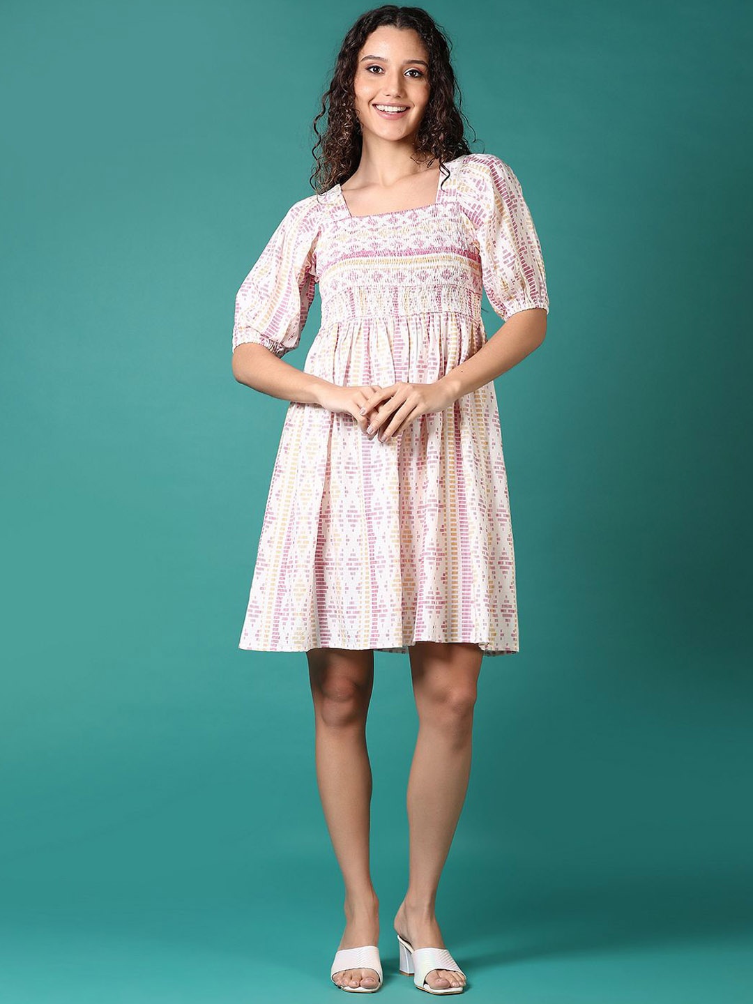 

V-Mart Printed Puff Sleeve Cotton A-Line Dress, White