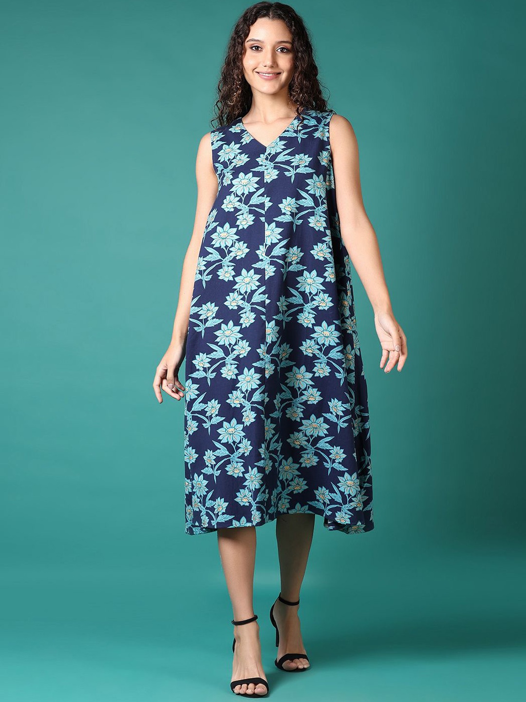 

V-Mart Women Floral Printed V-Neck Cotton A-Line Midi Ethnic Dress, Navy blue