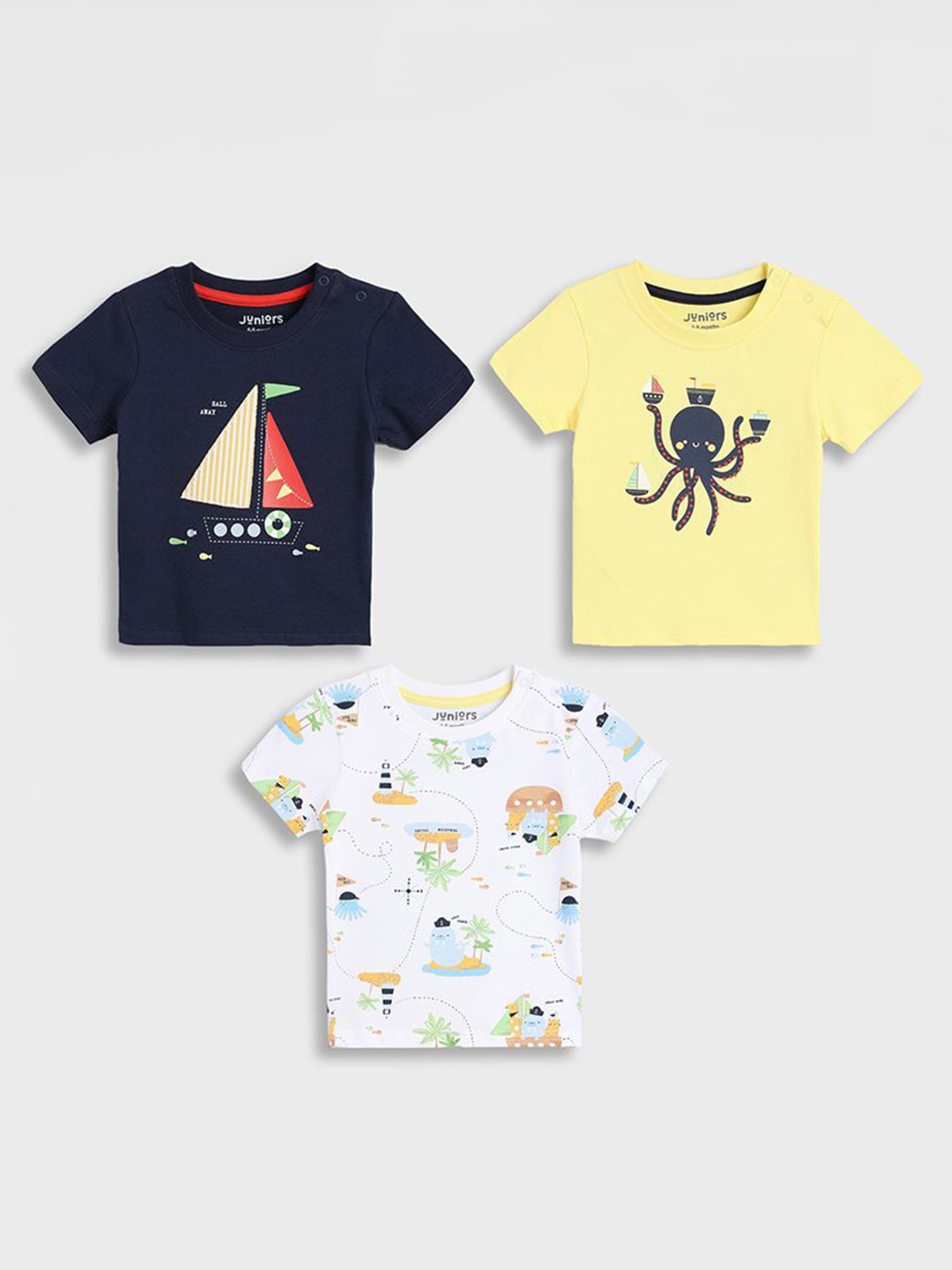 

Juniors by Babyshop Boys Pack Of 3 Graphic Printed Round Neck Cotton T-shirts, White