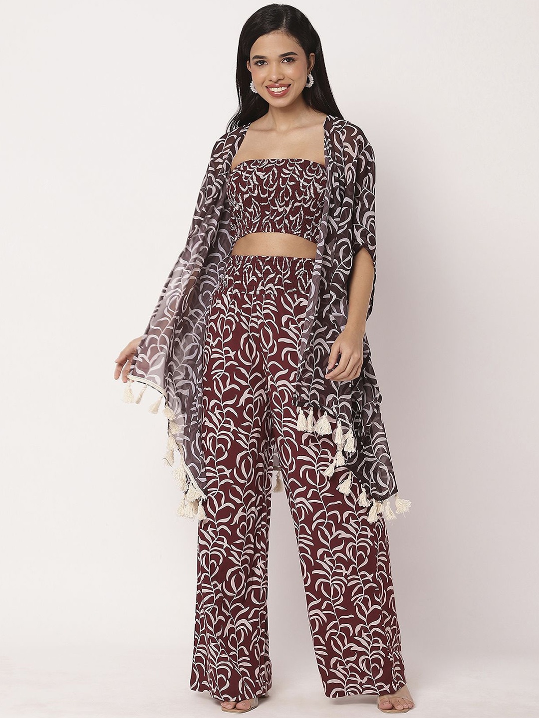 

Moomaya Abstract Printed Tube Top With Palazzo And Shrug, Burgundy