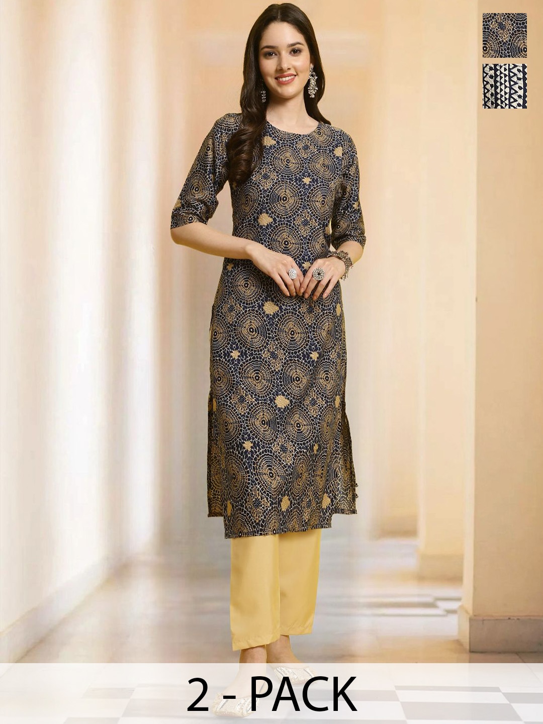

7Threads Selection of 2 Floral Printed Round Neck Straight Kurtas with Trousers, Olive