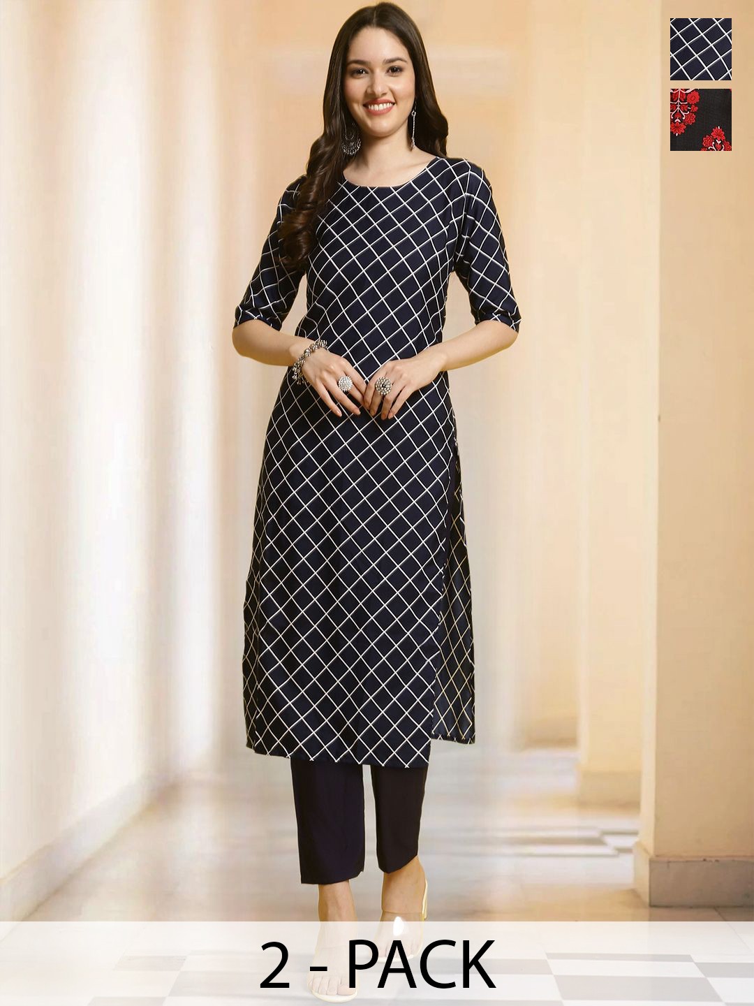 

7Threads Selection Of 2 Geometric Printed Round Neck Straight Kurtas With Trousers, Black