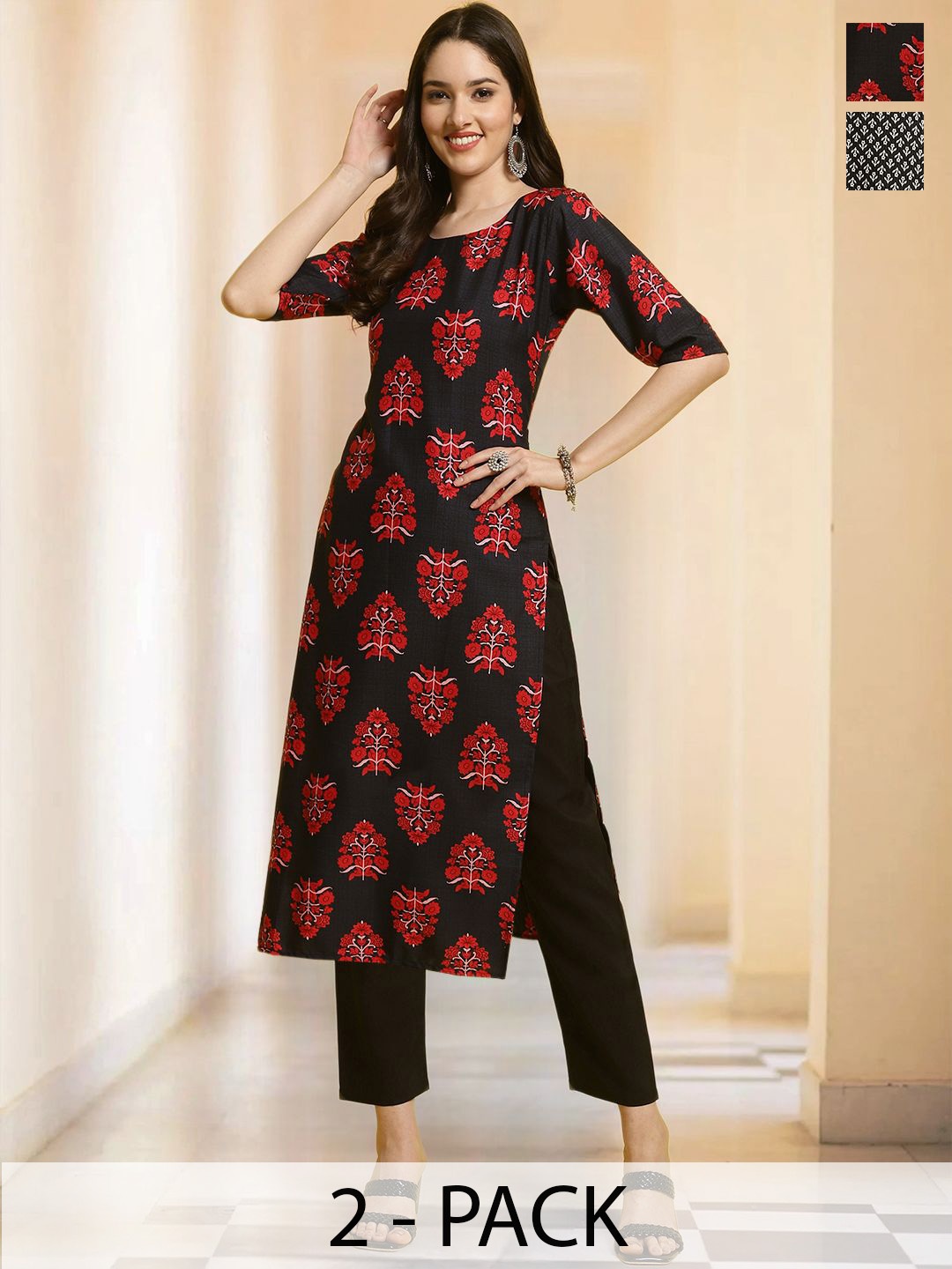 

7Threads Selection Of 2 Floral Printed Round Neck Straight Kurta With Trousers, Black