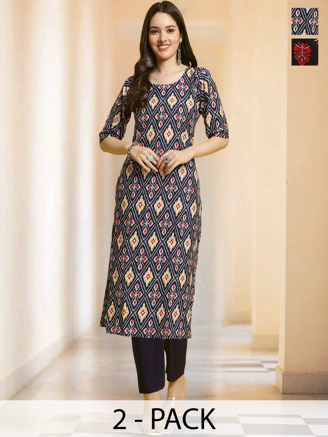 

7Threads Selection Of 2 Geometric Printed Round Neck Straight Kurta With Trousers, Navy blue