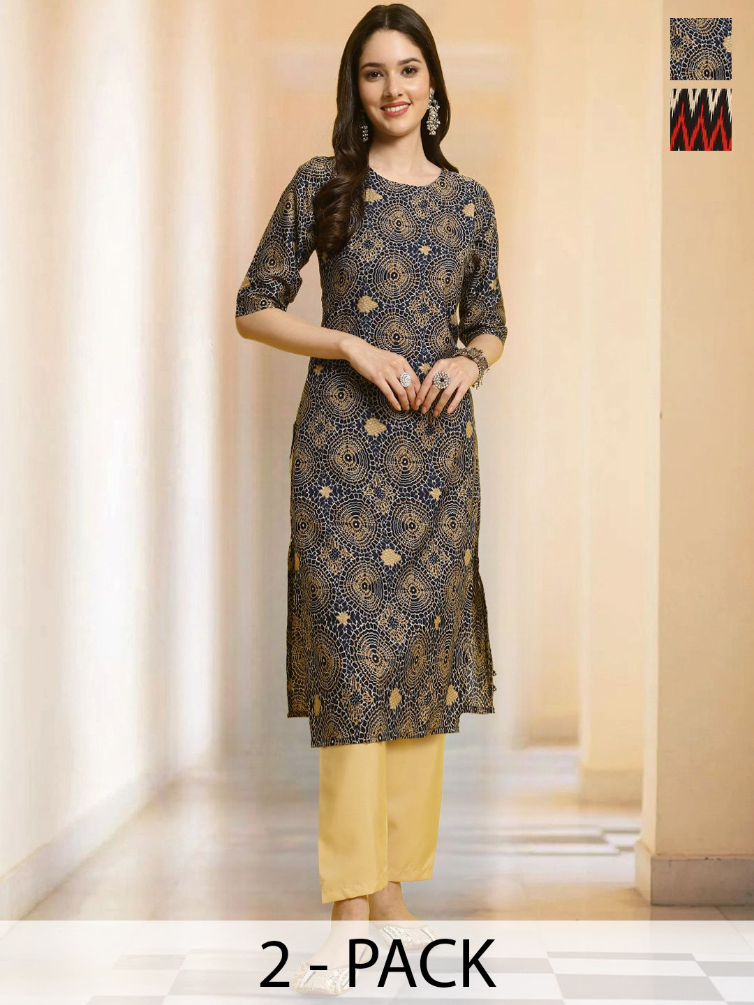 

7Threads Selection Of 2 Ethnic Motifs Printed Round Neck Straight Kurta With Trousers, Navy blue