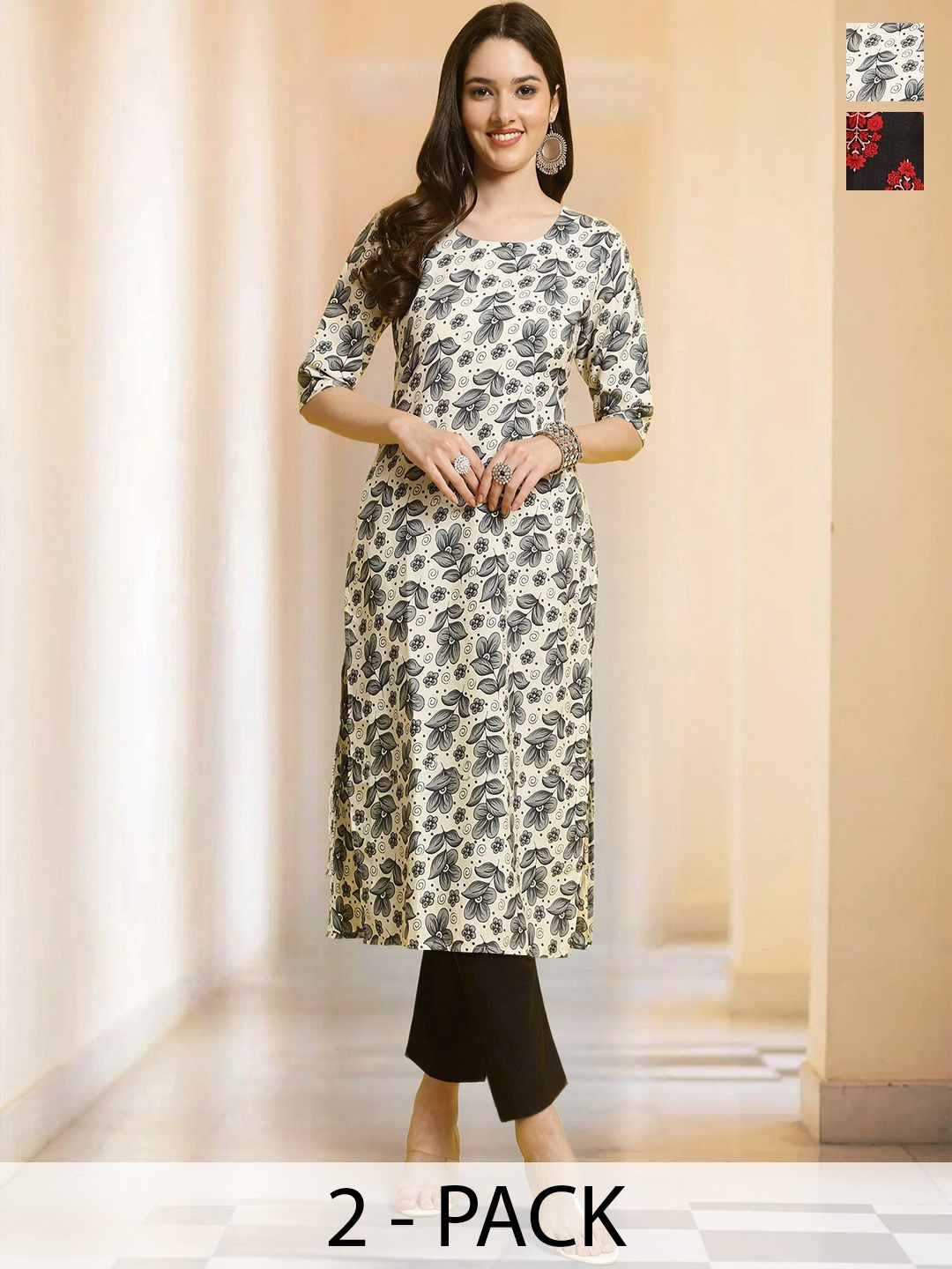 

7Threads Selection Of 2 Floral Printed Round Neck Straight Kurtas With Trousers, White
