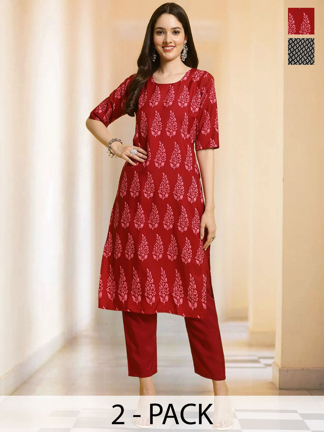 

7Threads Selection of 2 Floral Printed Round Neck Straight Kurtas With Trousers, Maroon