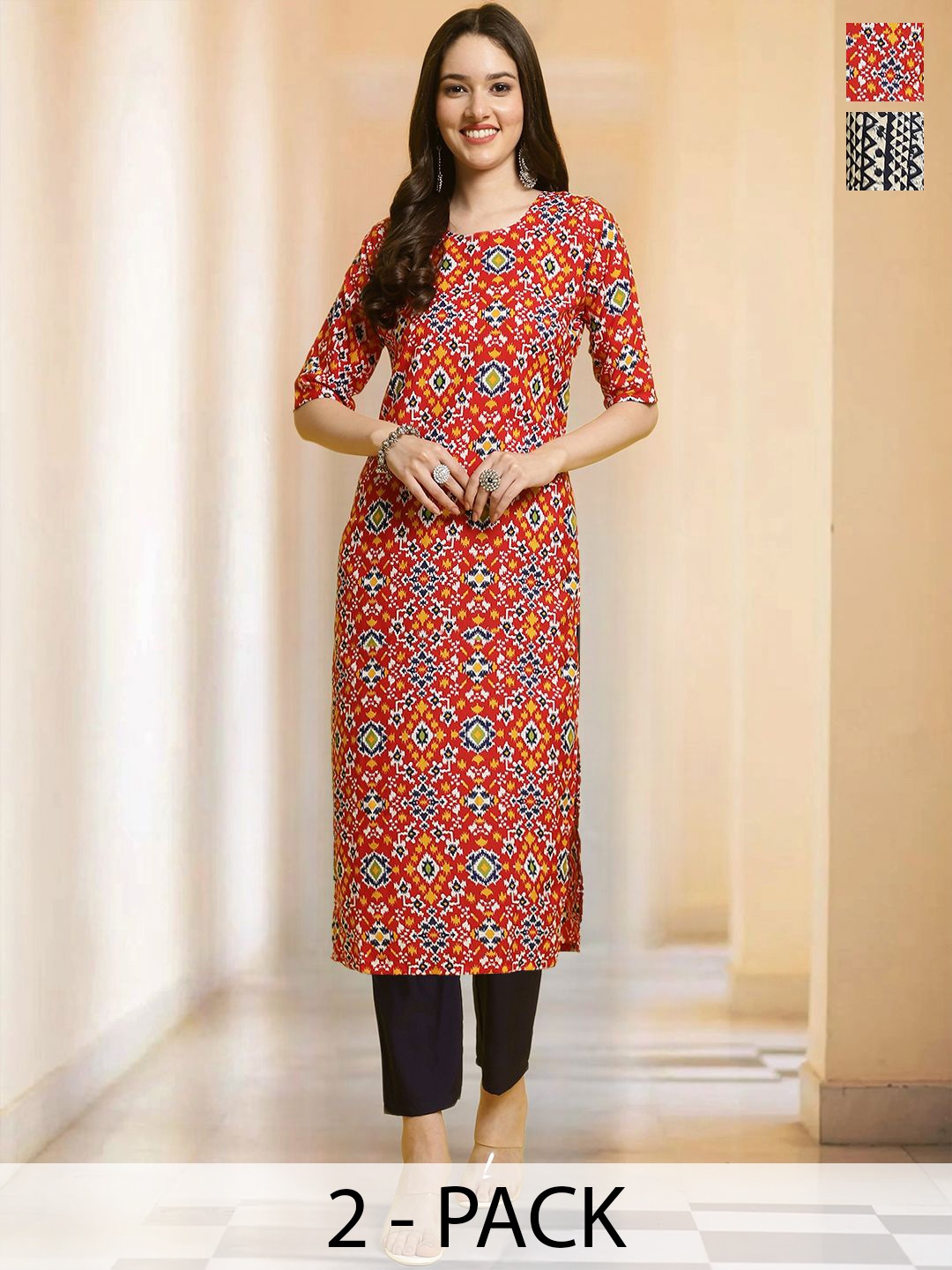 

7Threads Selection Of 2 Ethnic Motifs Printed Round Neck Straight Kurta With Trousers, Red