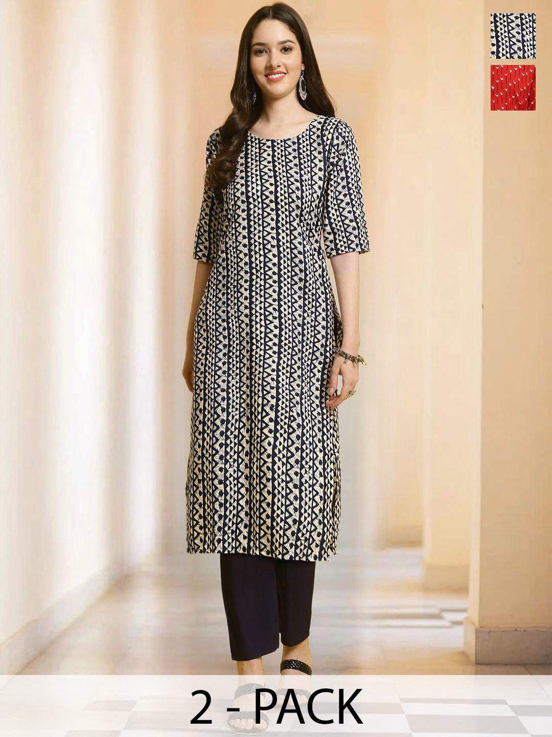 

7Threads Selection Of 2 Ethnic Motifs Printed Round Neck Straight Kurta With Trousers, Black