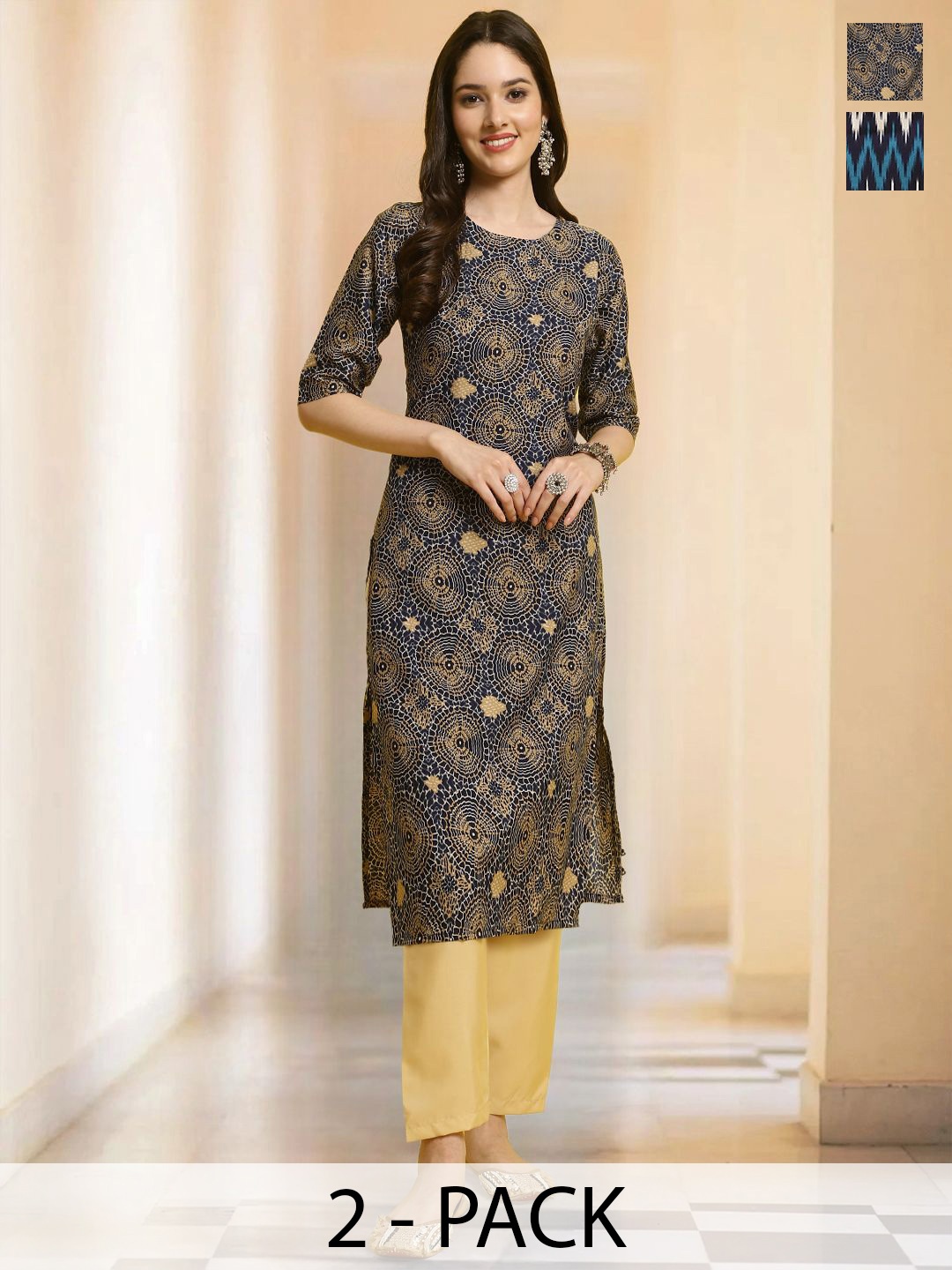 

7Threads Selection of 2 Floral Printed Round Neck Kurtas With Trousers, Navy blue