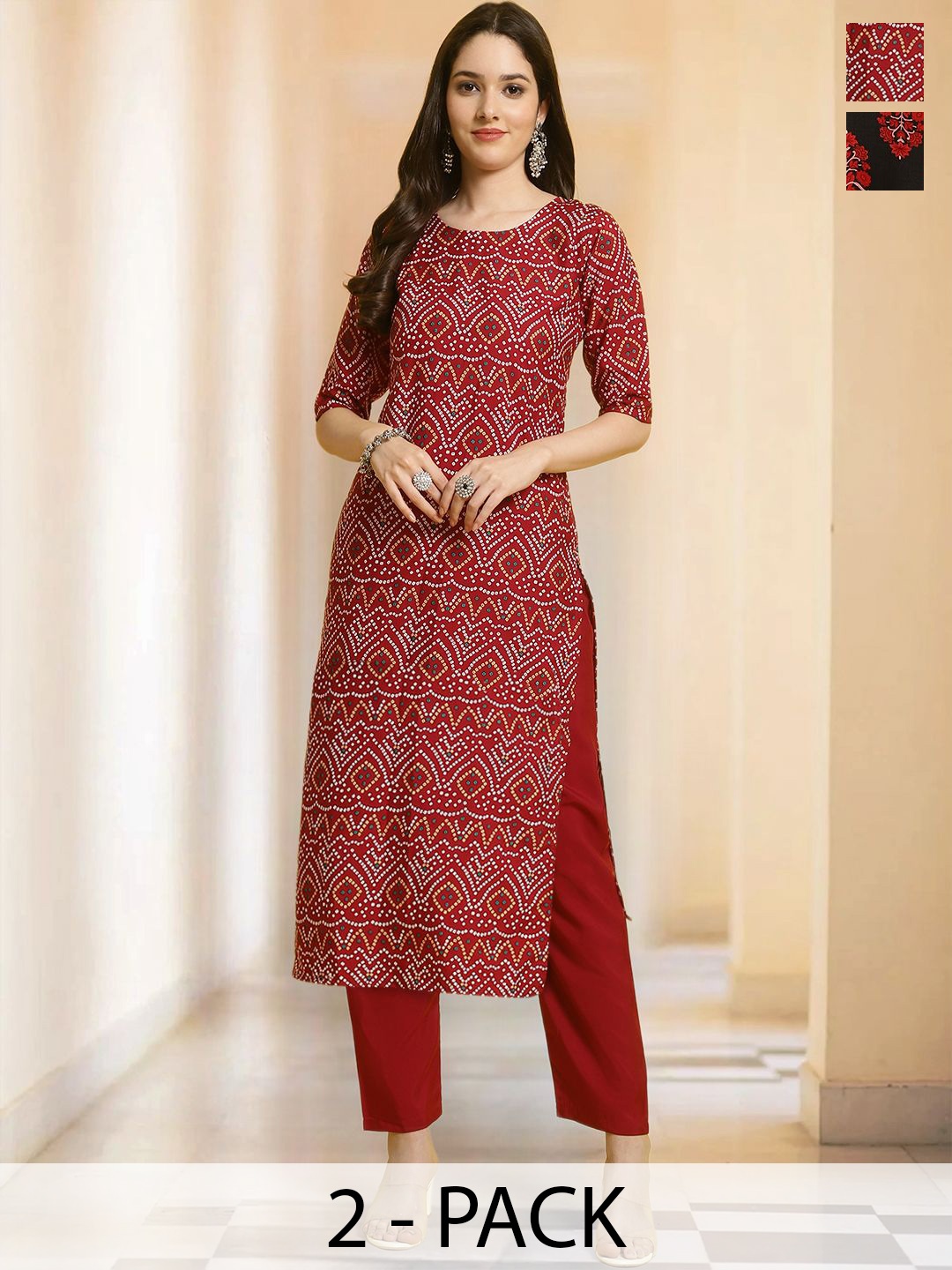 

7Threads Selection Of 2 Geometric Printed Round Neck Straight Kurta With Trousers, Maroon