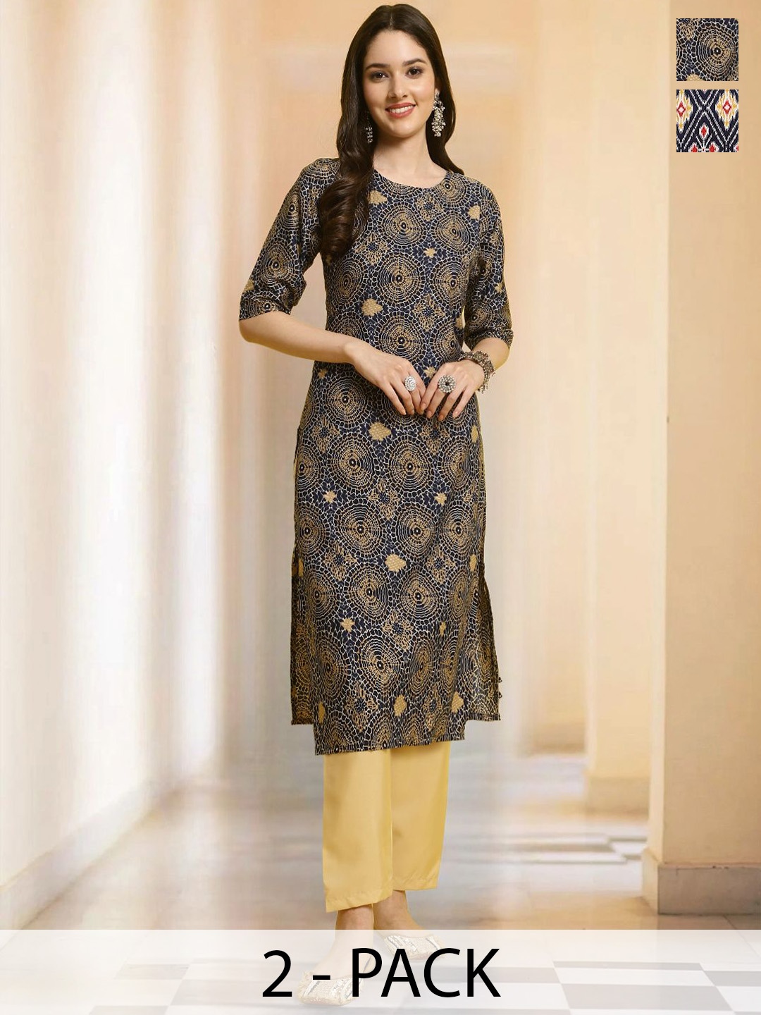 

7Threads Selection Of 2 Floral Printed Straight Kurtas With Trousers, Blue