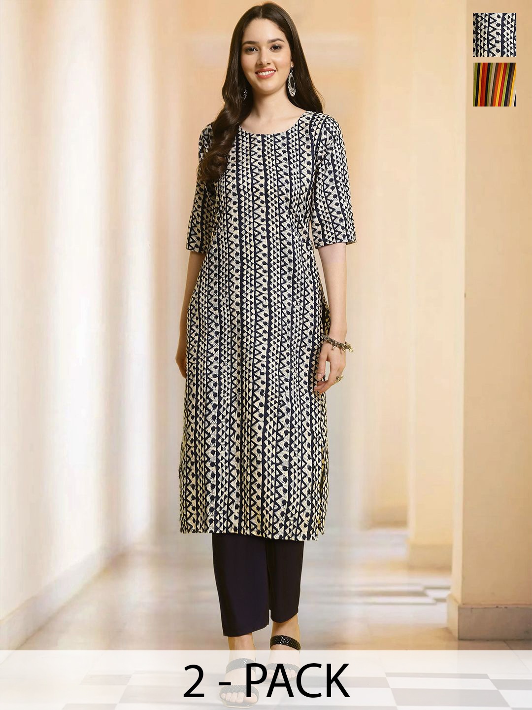 

7Threads Selection Of 2 Geometric Printed Straight Kurtas With Trousers, Off white