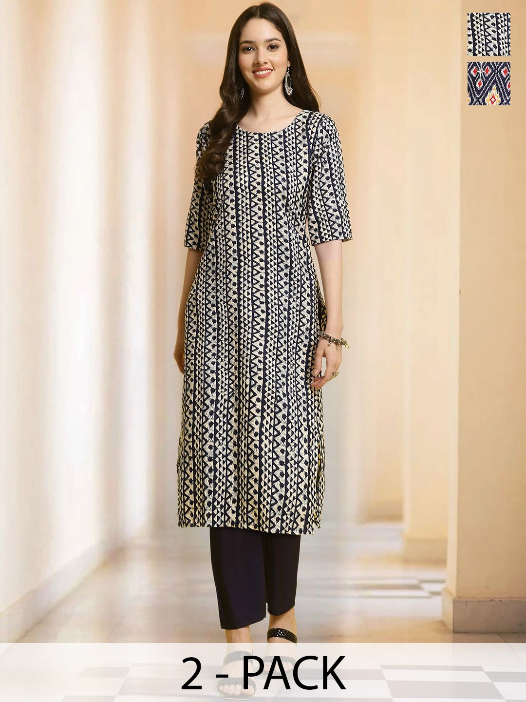 

7Threads Selection Of 2 Geometric Printed Round Neck Straight Kurta With Trousers, Navy blue