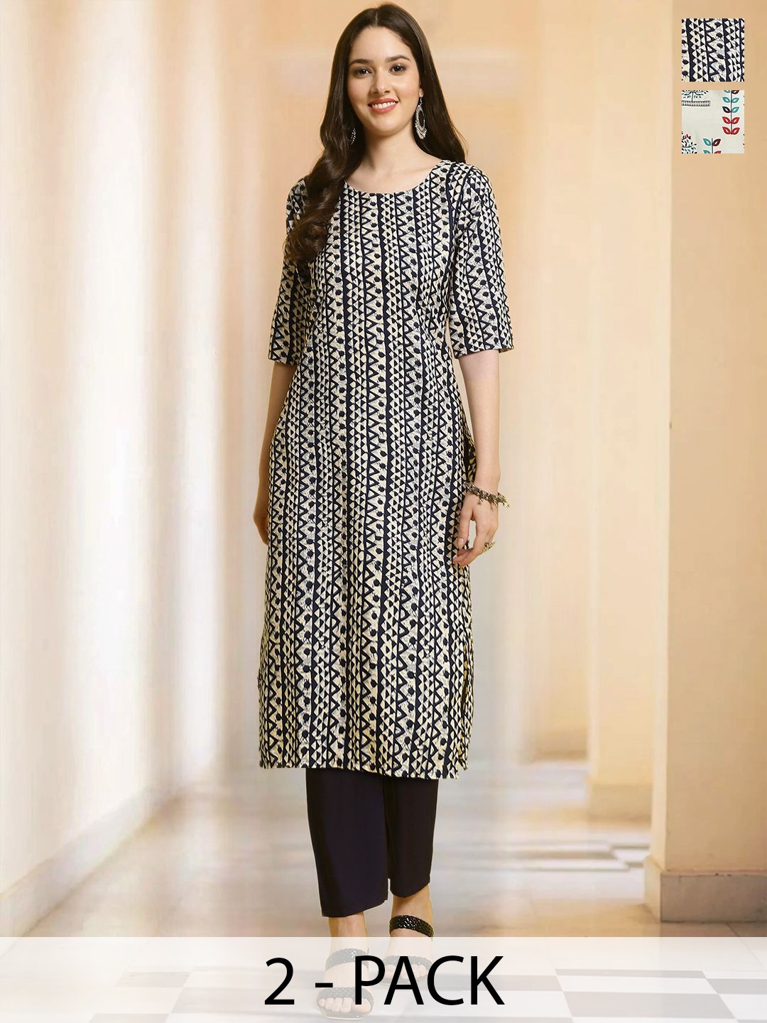 

7Threads Selection Of 2 Geometric Printed Round Neck Straight Kurtas With Trousers, Off white