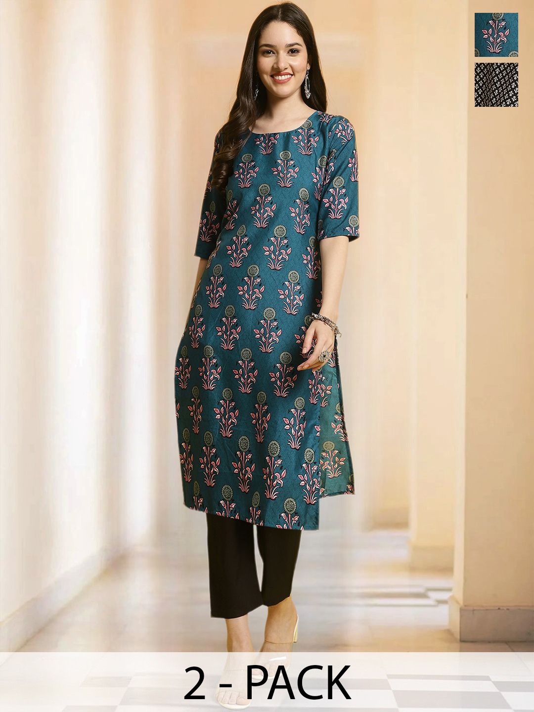 

7Threads Selection Of 2 Floral Printed Round Neck Straight Kurta With Trousers, Teal