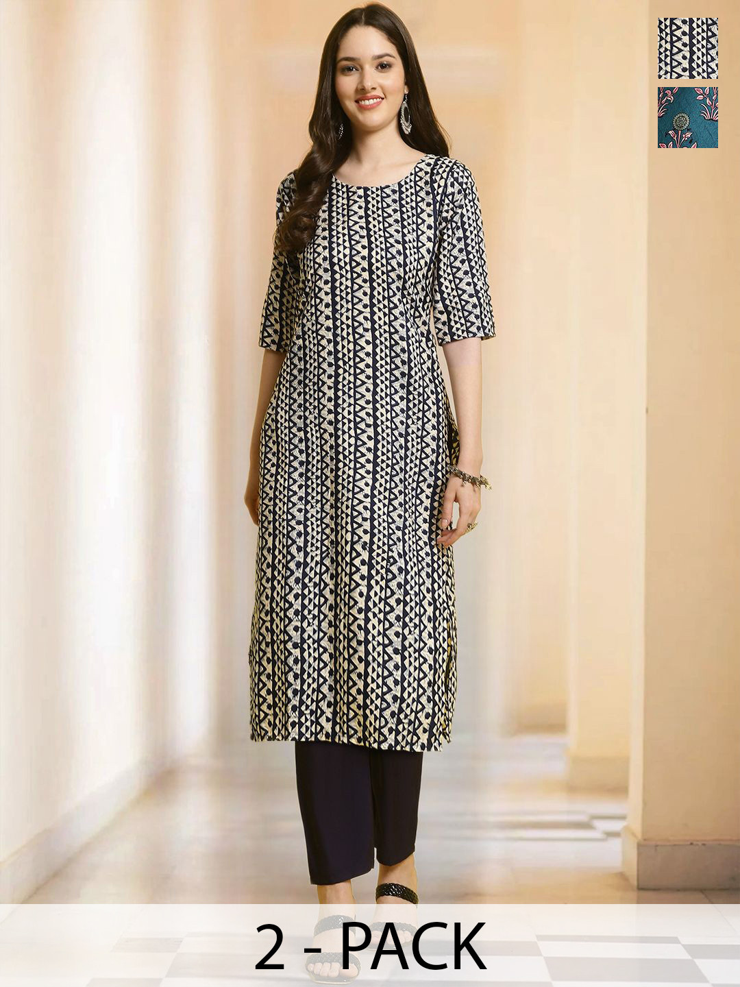 

7Threads Selection of 2 Geometric Printed Round Neck Straight Kurtas With Trousers, Off white
