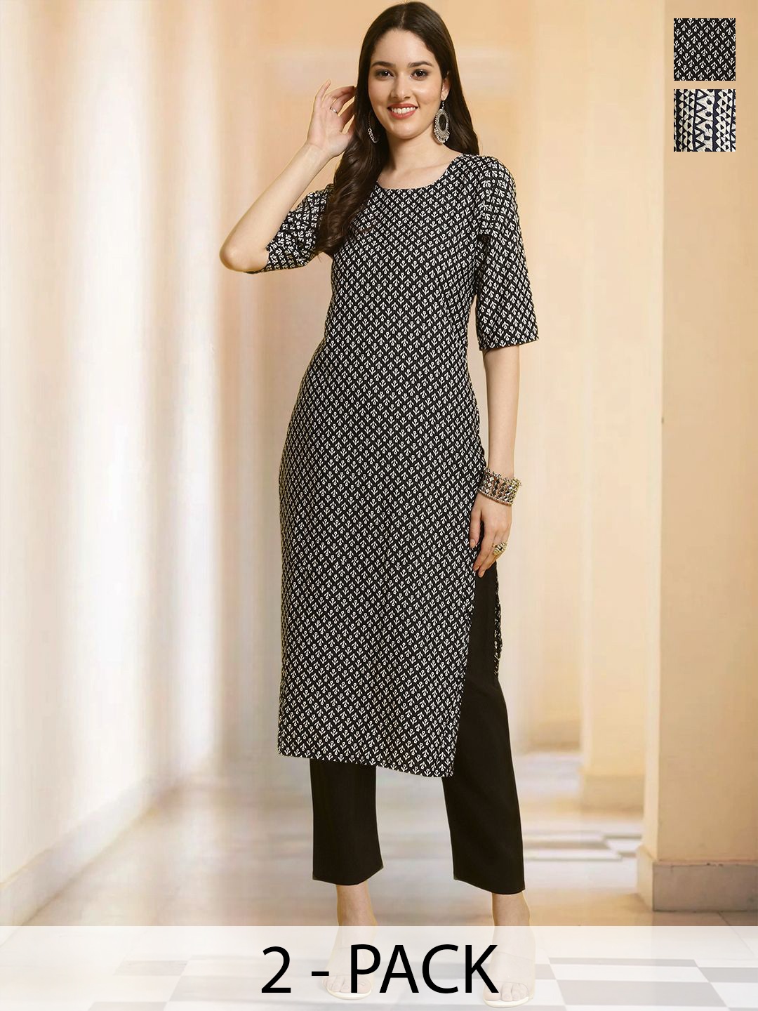 

7Threads Selection Of 2 Floral Printed Round Neck Straight Kurtas With Trousers, Black