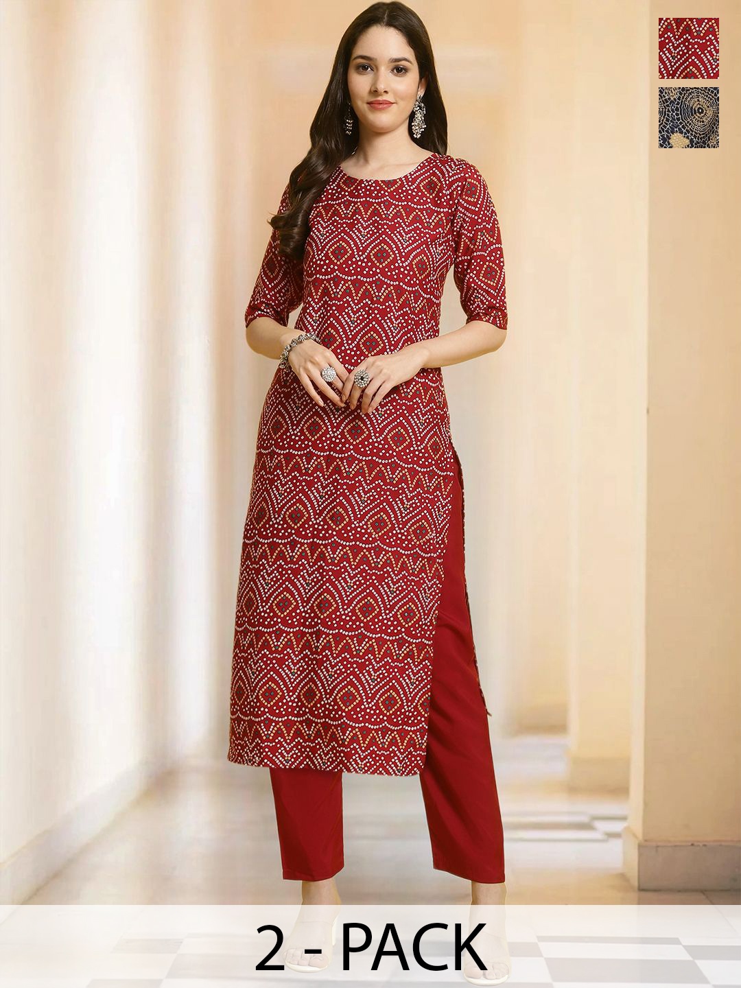 

7Threads Selection Of 2 Bandhani Printed Round Neck Straight Kurta With Trousers, Red