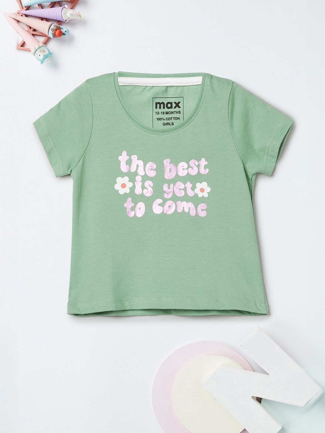 

max Girls Typography Printed Round Neck Cotton T-shirt, Green