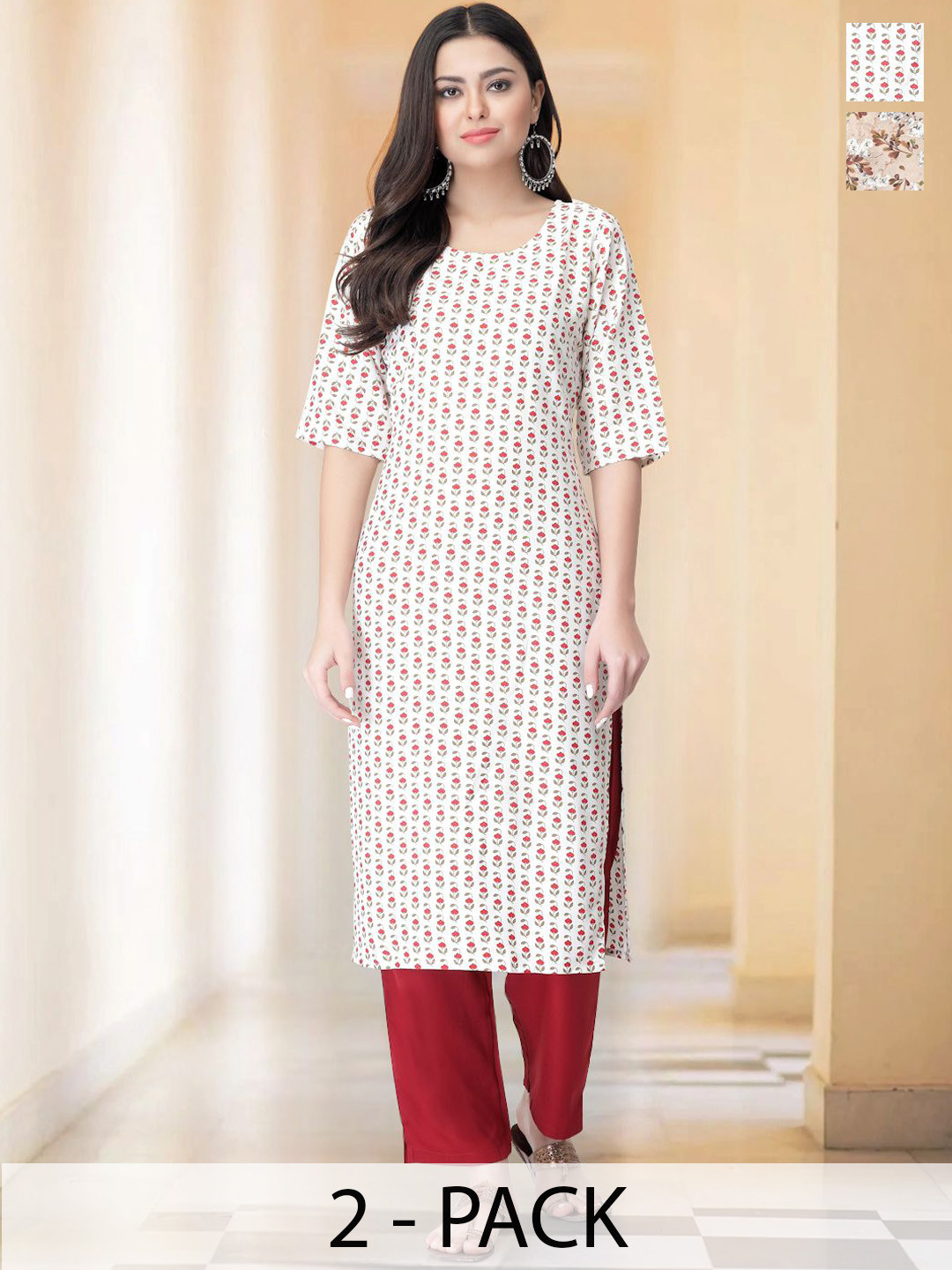 

7Threads Selection Of 2 Floral Printed Round Neck Straight Kurtas With Trousers, Cream