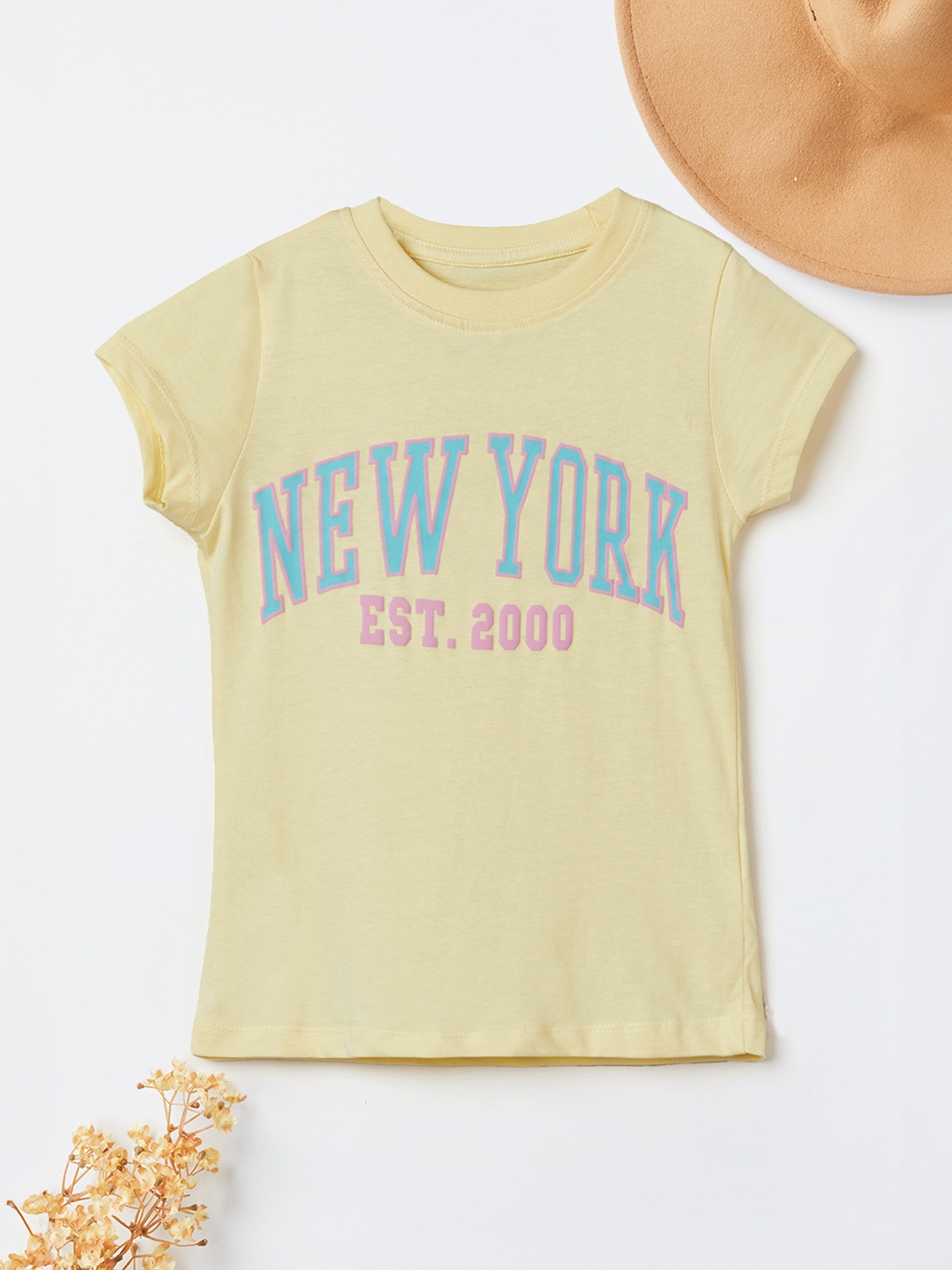 

max Girls Typography Printed Pure Cotton Casual T-shirt, Yellow