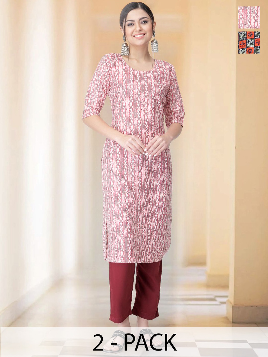 

7Threads Selection Of 2 Ethnic Motifs Printed Round Neck Straight Kurtas With Trousers, Pink