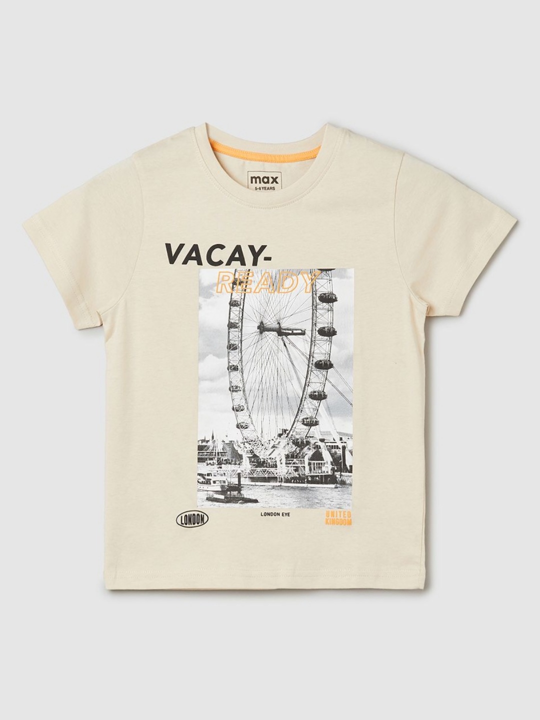 

max Boys Graphic Printed Round Neck Cotton T-shirt, Beige