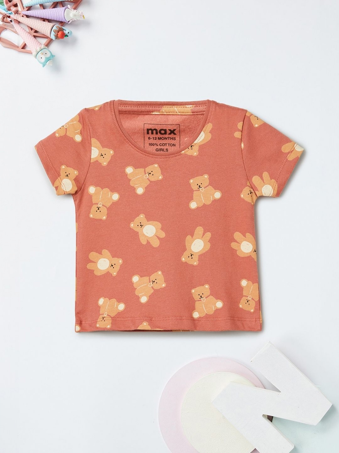 

max Girls Conversational Printed Round Neck Cotton T-shirt, Orange
