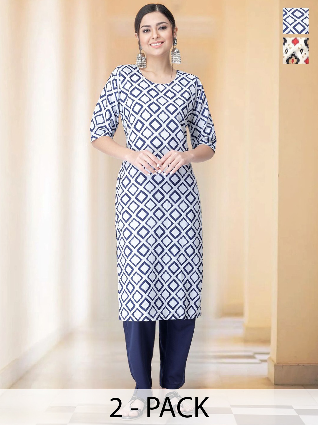 

7Threads Selection Of 2 Geometric Printed Straight Kurtas With Trousers, White