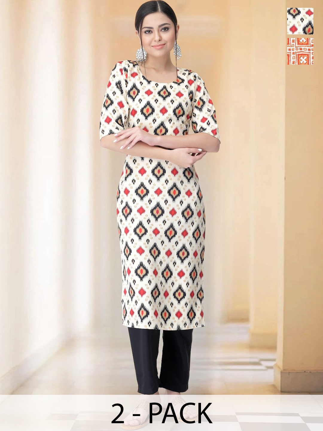 

7Threads Selection Of 2 Ethnic Motifs Printed Round Neck Straight Kurtas With Trousers, Off white