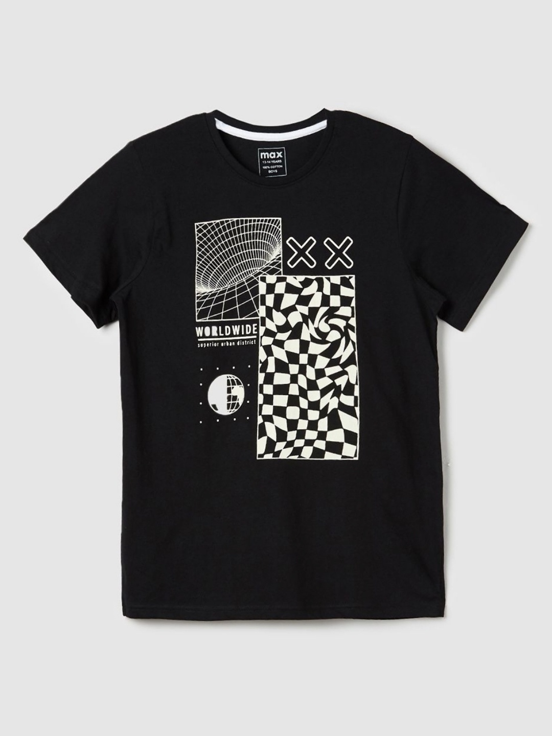 max Boys Typography Printed Round Neck Cotton T-shirt, Black